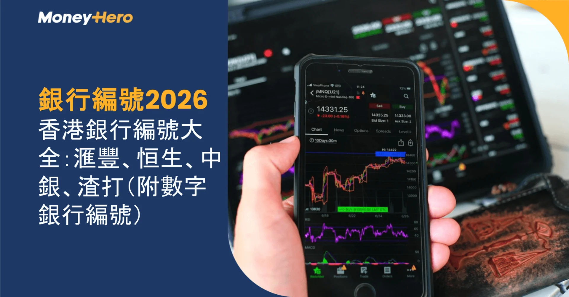Hand holds smartphone showing stock charts, with Money Hero text about Hong Kong bank codes.