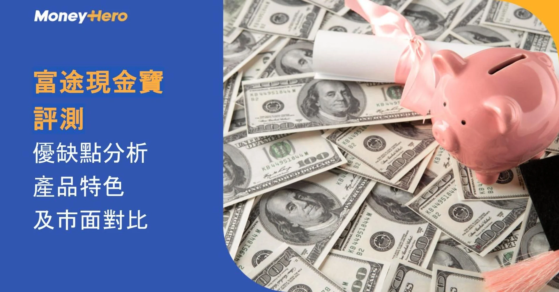 MoneyHero logo, US dollar bills, and a piggy bank symbolize financial review and wealth.