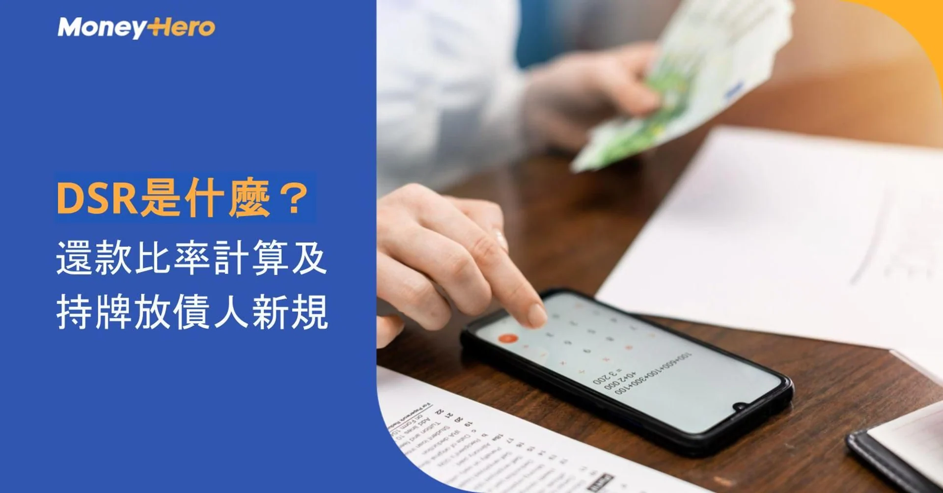 Person holding euro money and phone, calculating finances with DSR information overlay.