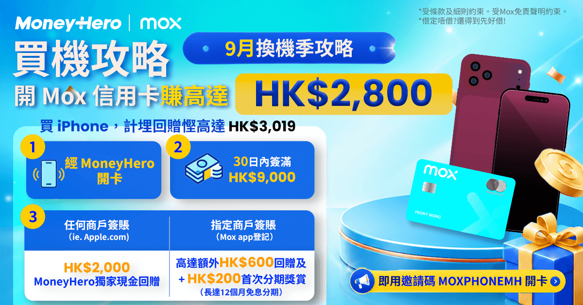 【限時】全城獨回贈送現金高達HK$2,000!連免息分期及指定回贈,經MoneyHero出 Mox信用卡買新iPhone慳高達HK$2,800!