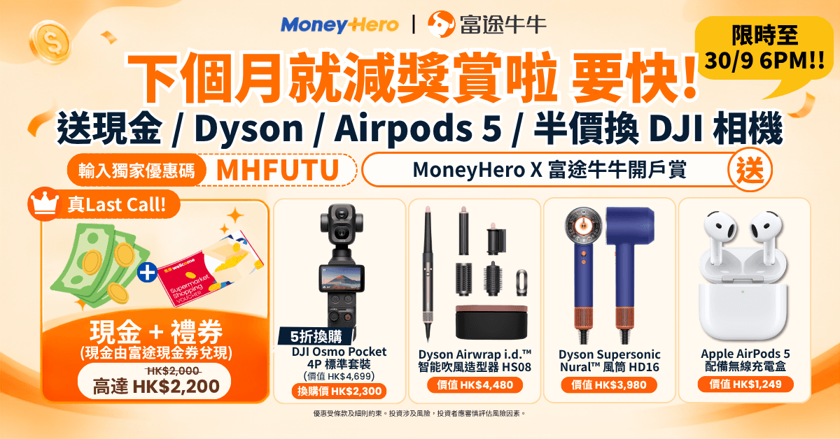 【限30/9前,最後機會】富途牛牛開戶賞升級🔥 高達 HK$2,200 獎賞,DJI、Dyson、AirPods 5 都有得揀!