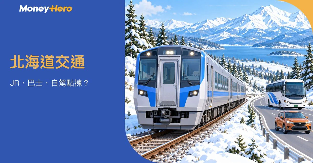 Hokkaido winter transportation options with a train, bus, and car in a snowy landscape.