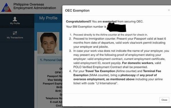 OEC Exemption - confirmation message OEC Exemption - confirmation message